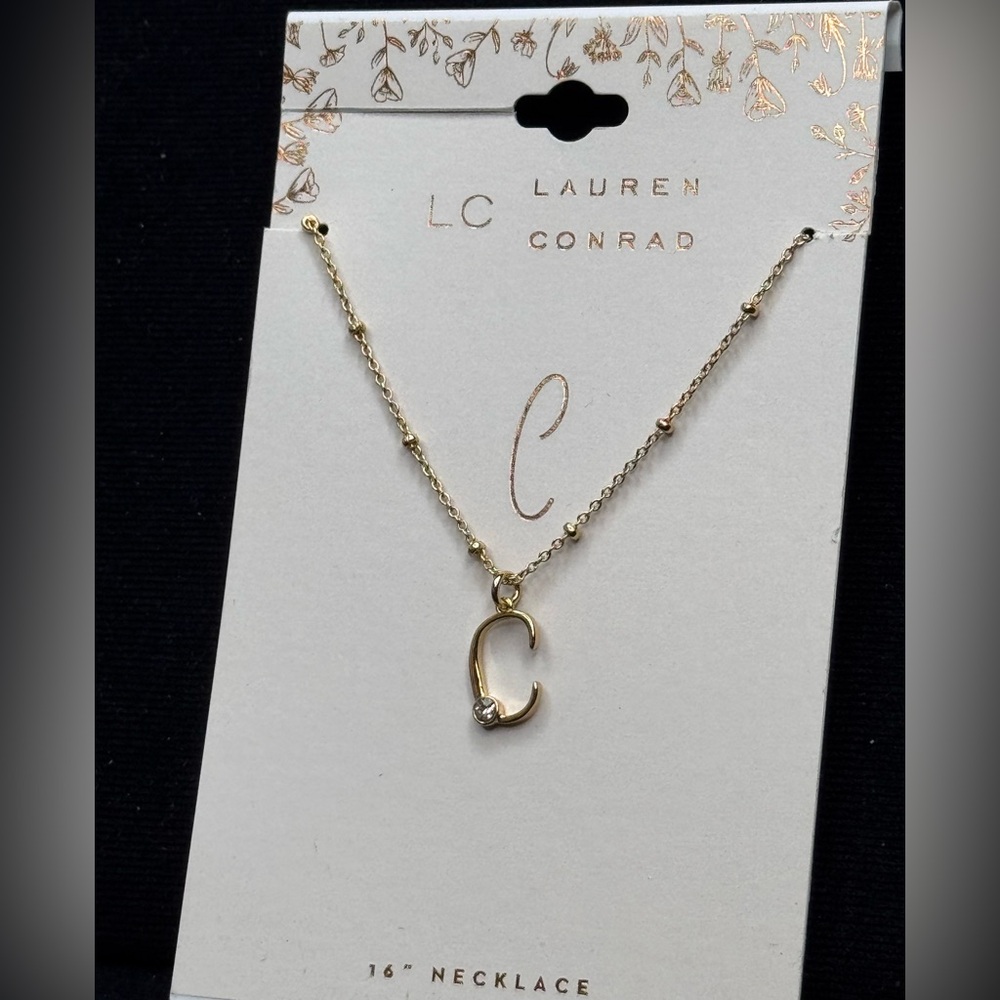 LC Lauren Conrad Gold Tone Dainty Initial “C”with Crystal Necklace 16inch approx